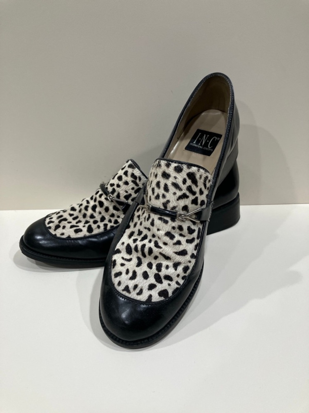 INC International Concepts Black and White Spot-Print Leather Loafers